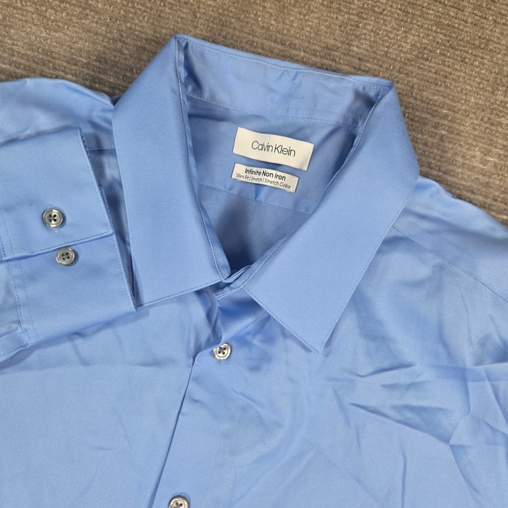 Calvin Klein Mens XL Blue Infinite Non Iron Slim Fit Stretch Dress Shirt